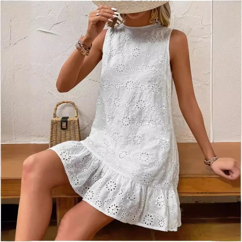 Summer Elegant Mini Dresses O-Neck Embroidery Sleeveless Mini Straight Dresses Y2k Vacation Fashion Summer Bohemian Dress Платье
