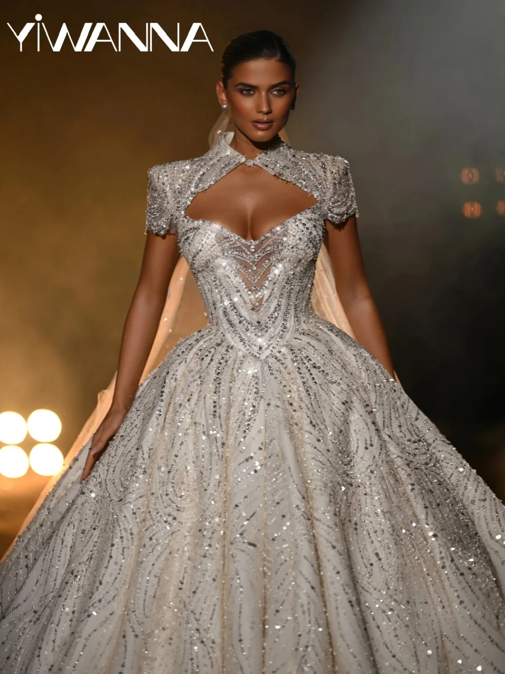 

Exquisite Embroidery Beaded Lace Wedding Dress High Collar Short Sleeve Bridal Gown Customized Attractive Dresses For Bride