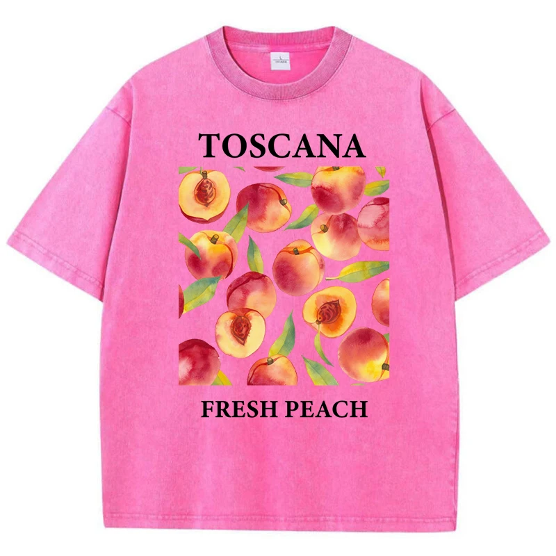 Toscana الطازجة الخوخ الفواكه طباعة المرأة غسلها تي شيرت القطن الهيب هوب تي شيرت عادية Y2K ملابس رياضية الصيف الملابس كبيرة الحجم