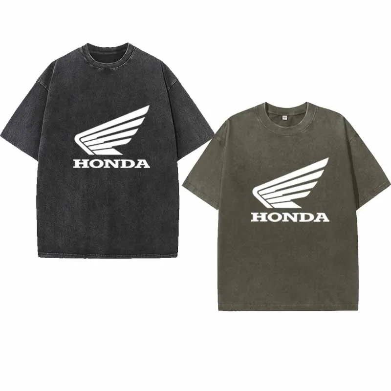 

2026 Honda Logo Men's Summer T-shirt Heavy Cotton Vintage Washed Oversized Short Sleeve Loose Streetwear Short Sleeve Tops Tee