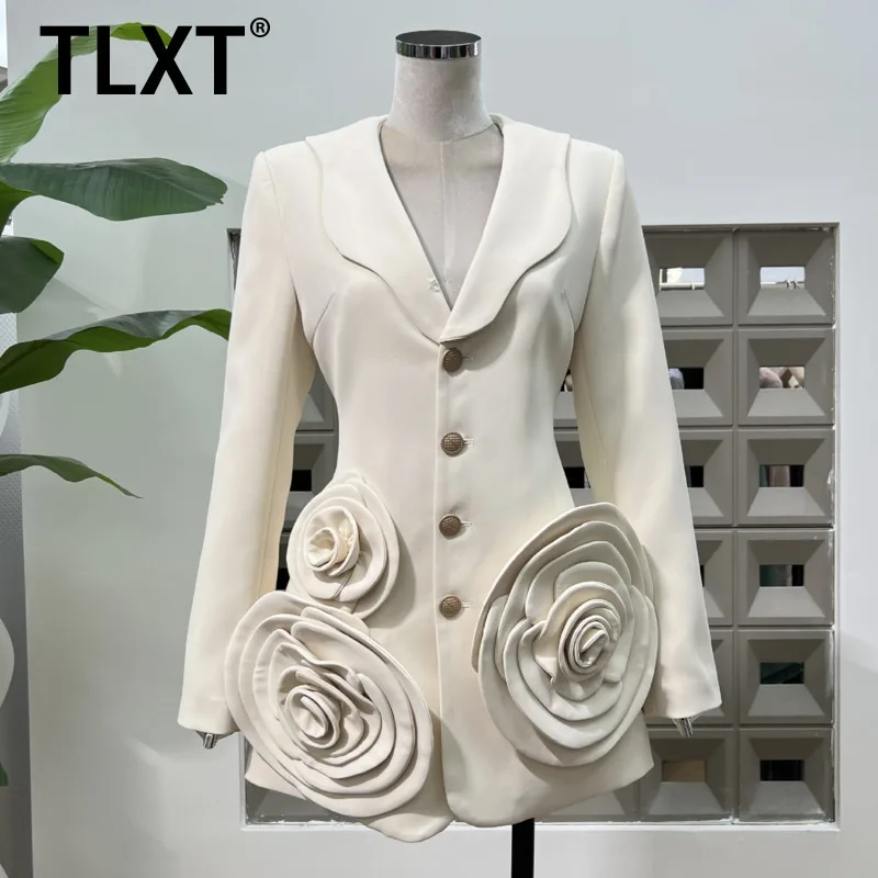 

TLXT бежевый модный стиль весна и осень новая коллекция с откидным воротником трехмерный костюм с цветочным принтом пальто для женщин 2023 лето