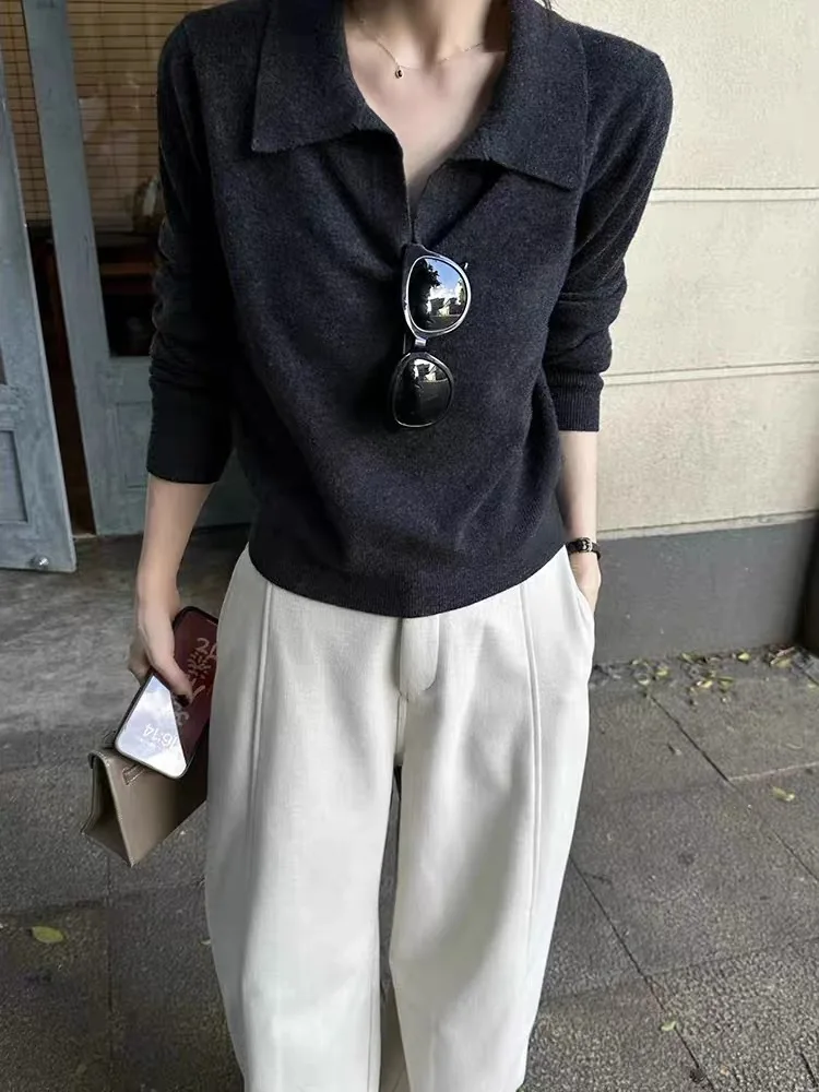 Loose Casual Style Long Sleeve  Neck Knitted Sweater Women's Black V Neck Top Autumn Winter Comfortable Lazy Fashion