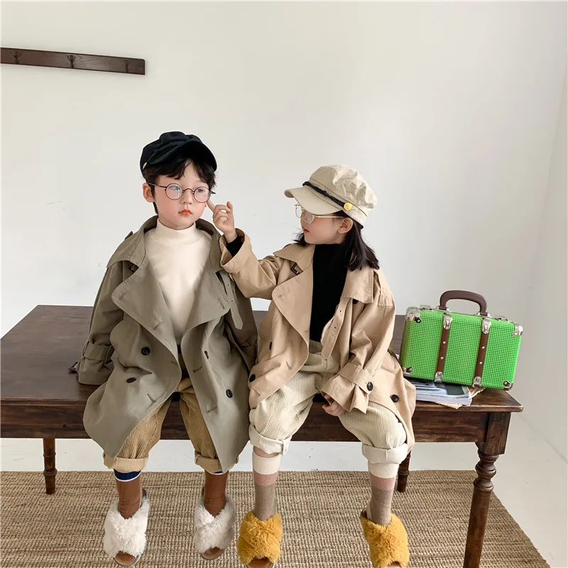 Trench Autumn New Korean Children Windbreaker Loose Coat Boys and Girls Long Turn Down Collar Tide 2024 Turn Down Collar