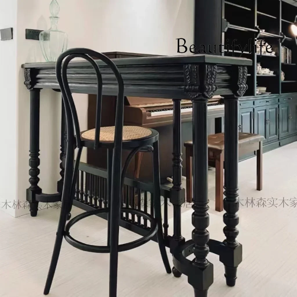 American Art Solid Wood Living Room Black Entrance Cabinet Wooden Design Retro Distressed Carved