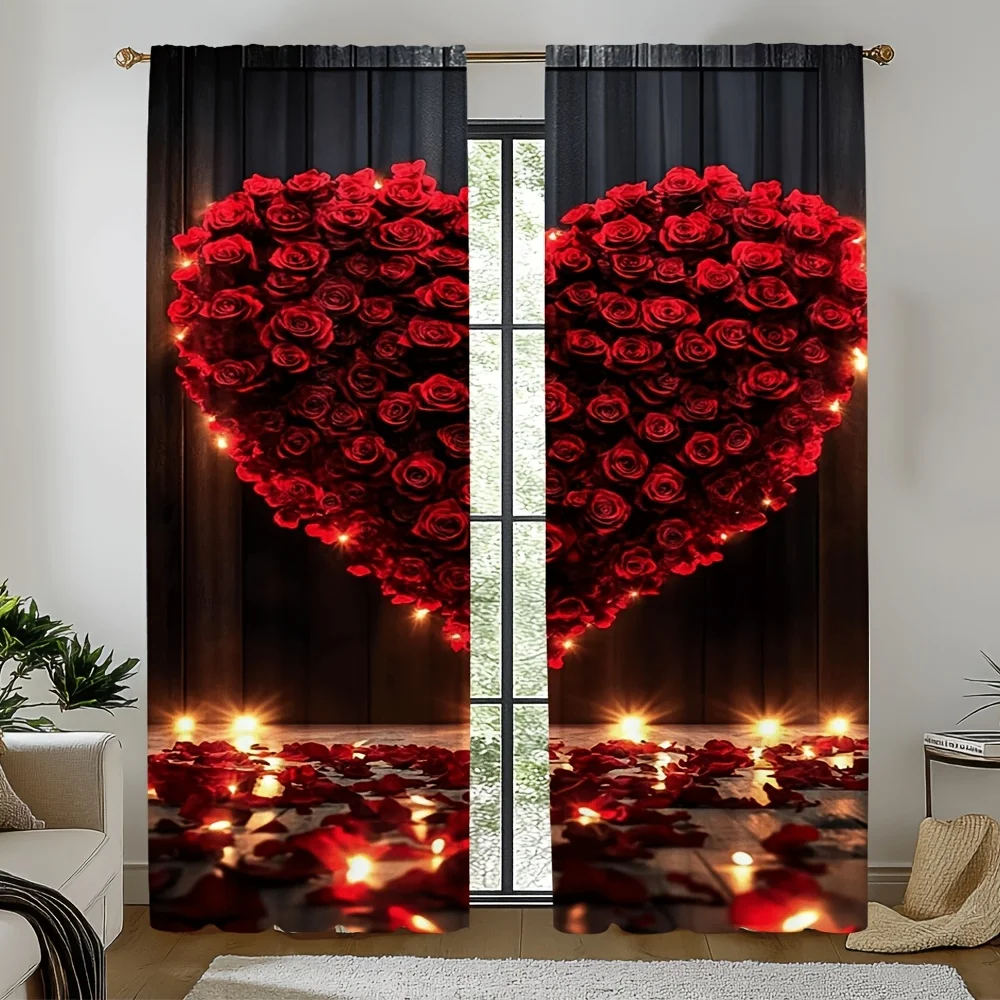 Valentine Rose Heart Blackout Curtains Set of 2, Romantic Design for Living Room Bedroom Study Home Decor, Light Blocking