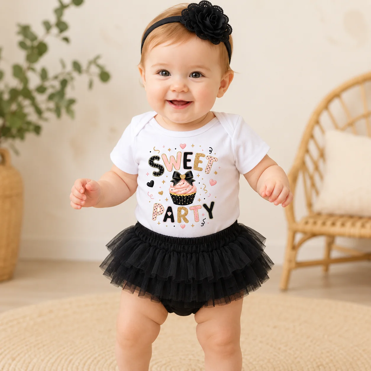 Sweet Party Cupcake Print Baby Girl 1st Birthday Outfit 3 Pieces Cotton Onesie Black Layered Tutu Bloomers Rose Lace Headband To