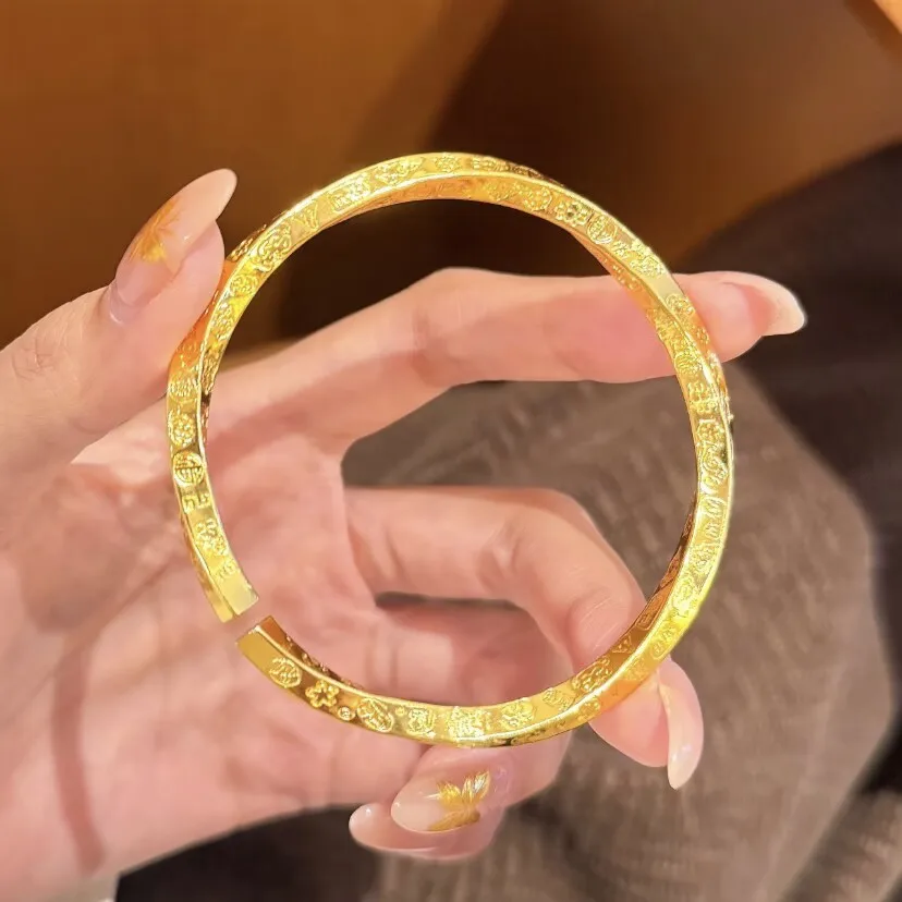 24k Real Gold Plated Long Lasting Color Retention Chinese Auspicious Mobius Bangle Lucky Fortune Blessing Open Cuff Bracelet Vin