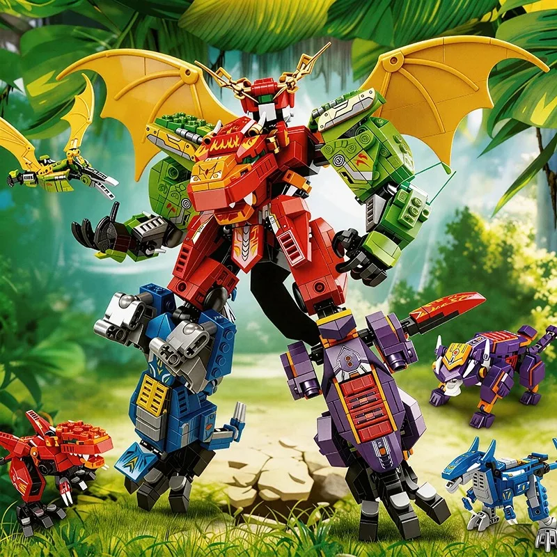 Combined Dragon Mecha MOC Building Blocks Set Detachable Mythical Beast Bricks Multi-form Transformable Robot Detailed Wing Desi
