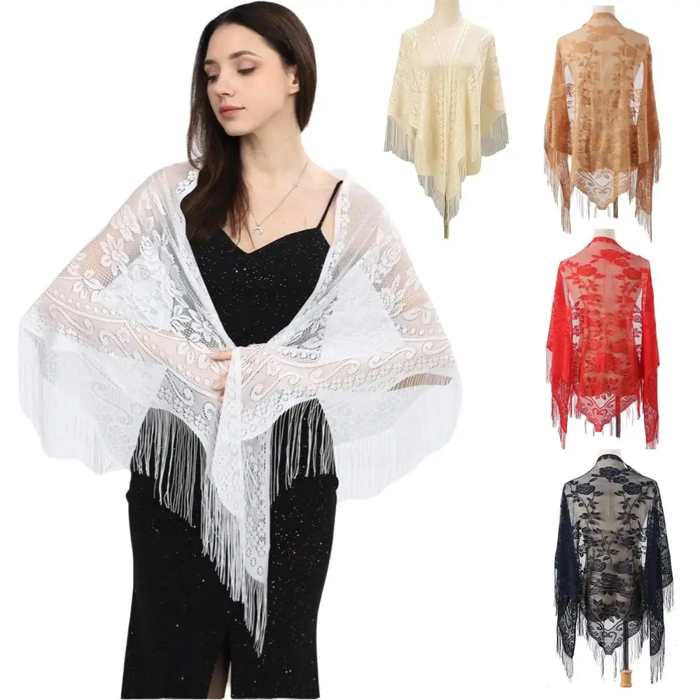 Tassel Patchwork Women Tulle Shawl V-Neck Cardigans With Tassel Evening Prom Cape Hollow Multicolored Mantilla Lace Veil Cosplay