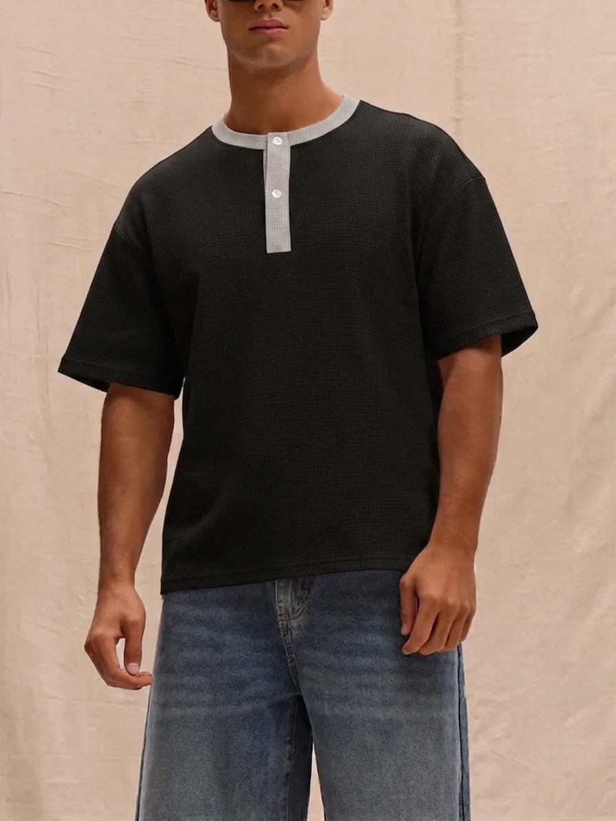 Men's Waffle Henley Shirt Summer Casual Contrast Stitching Short Sleeve Slim Fit T-Shirt Vintage Solid Streetwear Tops