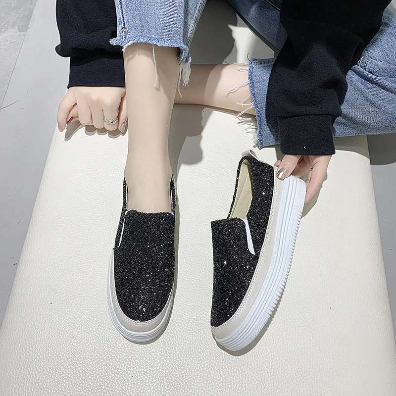 Slip-on Women\'s Shoes Flat Loafers 2022 New Platform Sequins Round Toe Casual Ladies Shoes Comfortable Bling Shoes Zapatos Mujer