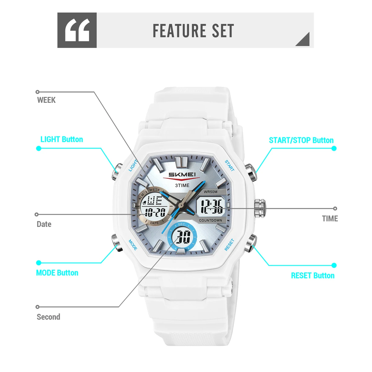 SKMEI Fashion Waterproof Digital Electronics Watch Sports LED Light Quartz Watches For Men Women 3Time Alarm Chrono Wristwatches