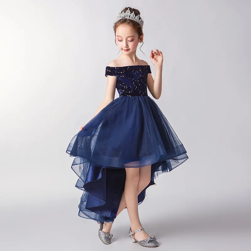 Dark Blue Princess Girl Dress Christmas Party for Kids Ball Gown Elegant Evening Dresses Long Luxury 2022 Female Gala Costume