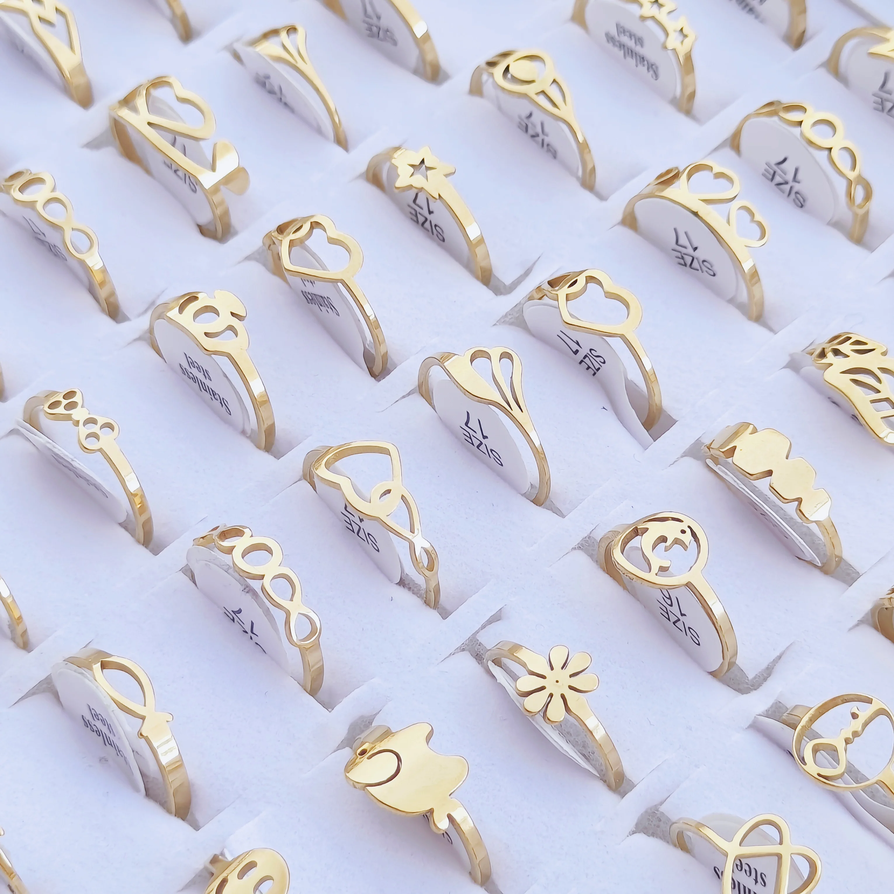 100 Pieces Stainless Steel Engraved Rings for Men and Women Fashion Charm Jewelry Gift Hollow Flower Finger Rings Wholesale Lots