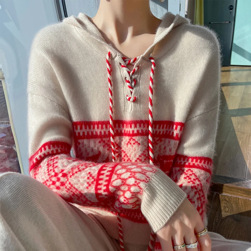 خريف/شتاء الجاكار المرأة 100% الصوف الخالص الرباط سترة مقنعين محبوك طويلة الأكمام فضفاضة الكشمير هوديي