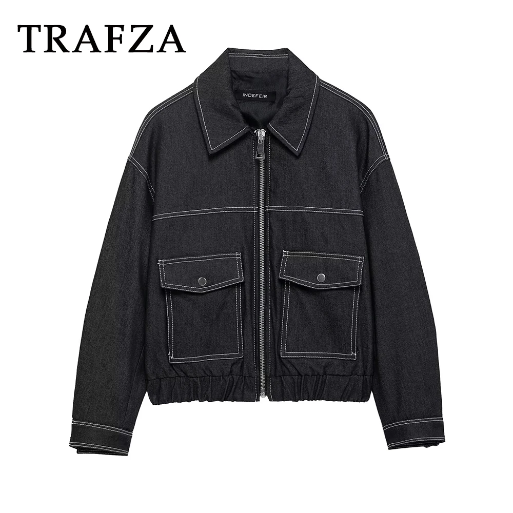 

TRAFZA Chic 2024, весенняя однотонная джинсовая женская куртка с отложным воротником и карманами на молнии, верхняя одежда, прямой модный женский повседневный пиджак