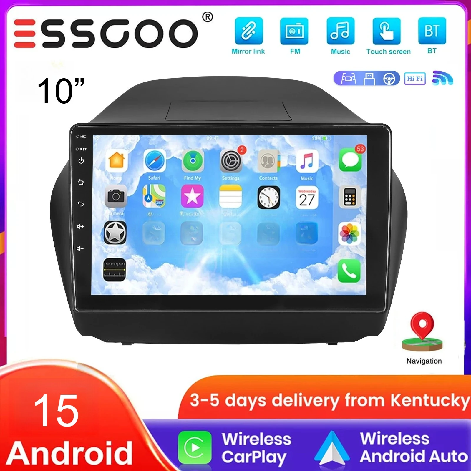 ESSGOO Android 15 Carplay Android Auto Autoradio Multimedia-Radio GPS NAV WIFI Bluetooth SWC RDS 10 Zoll Für Hyundai ix35 2010-2015