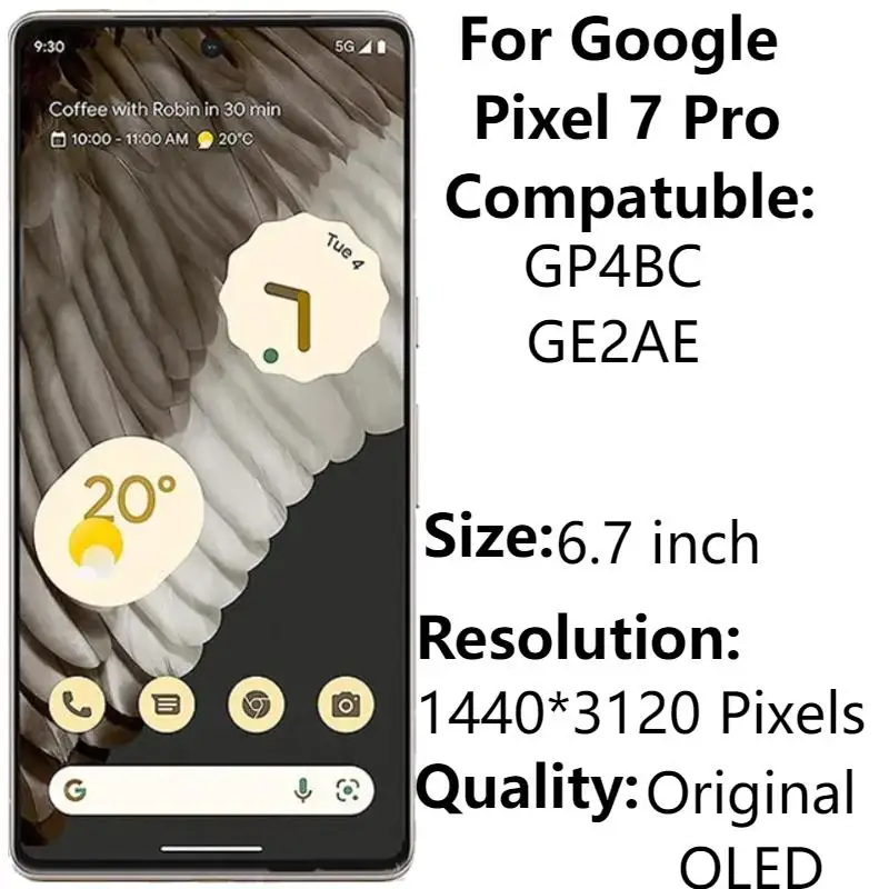 

Для Google Pixel 7 Pro дисплей с рамкой 6,7 ''оригинальный OLED 7 Pro GP4BC GE2AE Замена ЖК-дисплея