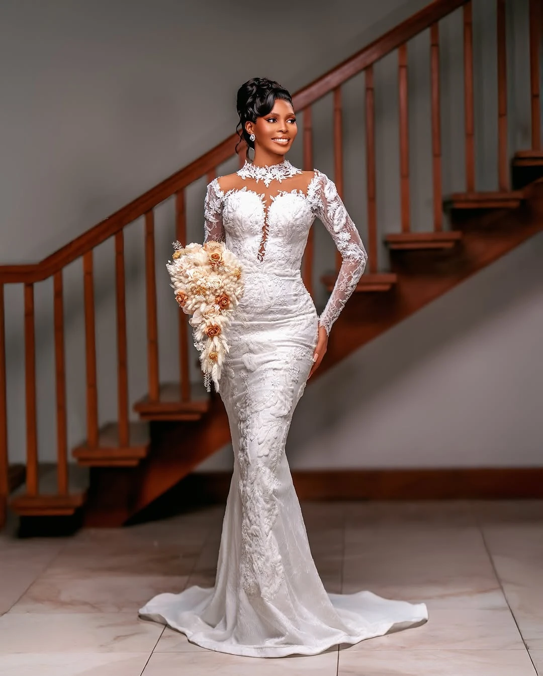 Robe De mariée sirène africaine personnalisée, col haut, avec des Appliques en dentelle, manches longues, Vintage