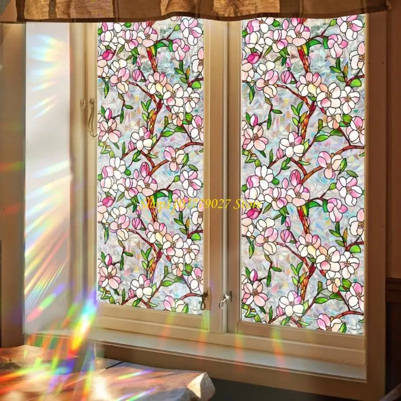 C4DF Rainbow Window Privacy Film,Stained Glass Window Film Decorative Window Clings,Static Cling Sun Blocking Floral Decal