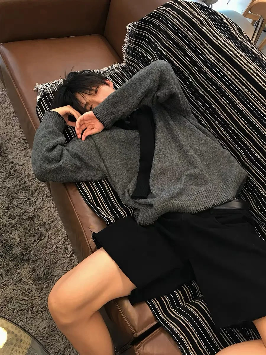 

Loose Casual round Ne Men's Knitted Sweater Fake Two-Piece oulder Design Versatile Comfortable Warm Long Sve Top