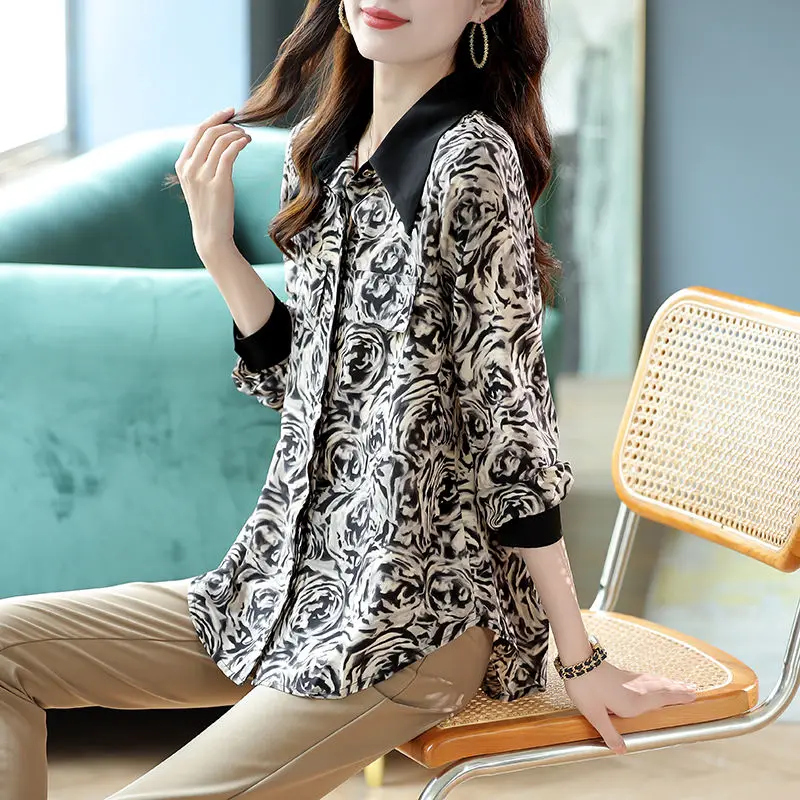 Chiffon Women Lapel Blouse Oversize 4XL Printed Loose Shirt 2022 New Autumn Long Sleeves High Street Top Fashion Female Clothing