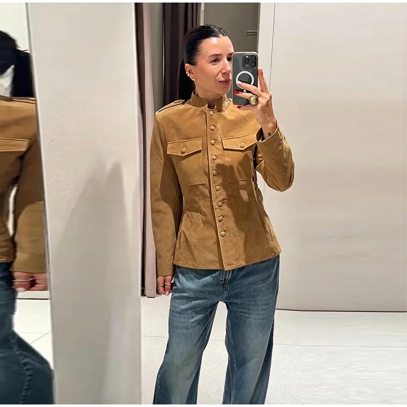 2026 Herbst Vintage Einreihige Jacken Damen Einfarbig Stehkragen Taschen Langarm Mantel Damen Freizeit-Oberbekleidung – Detail 8