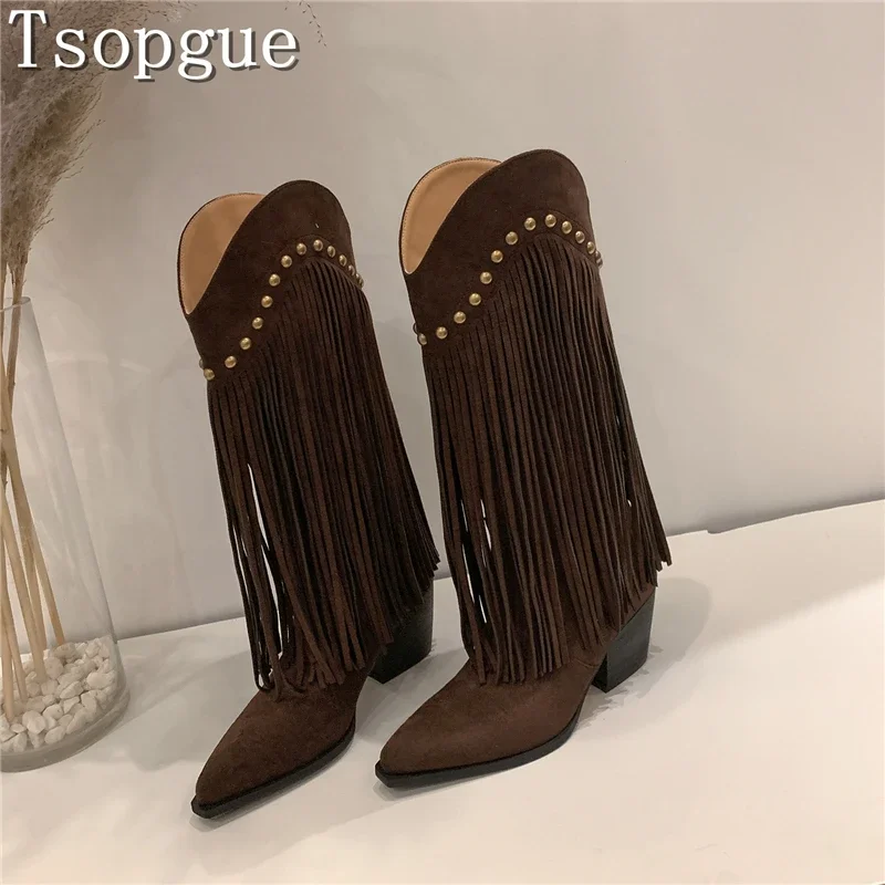 

Brand Design Tassel Suede Mid Calf Boots Women Winter New Pointed Toe Rivet Decor Slip On Thick Heels Chelsea Botas