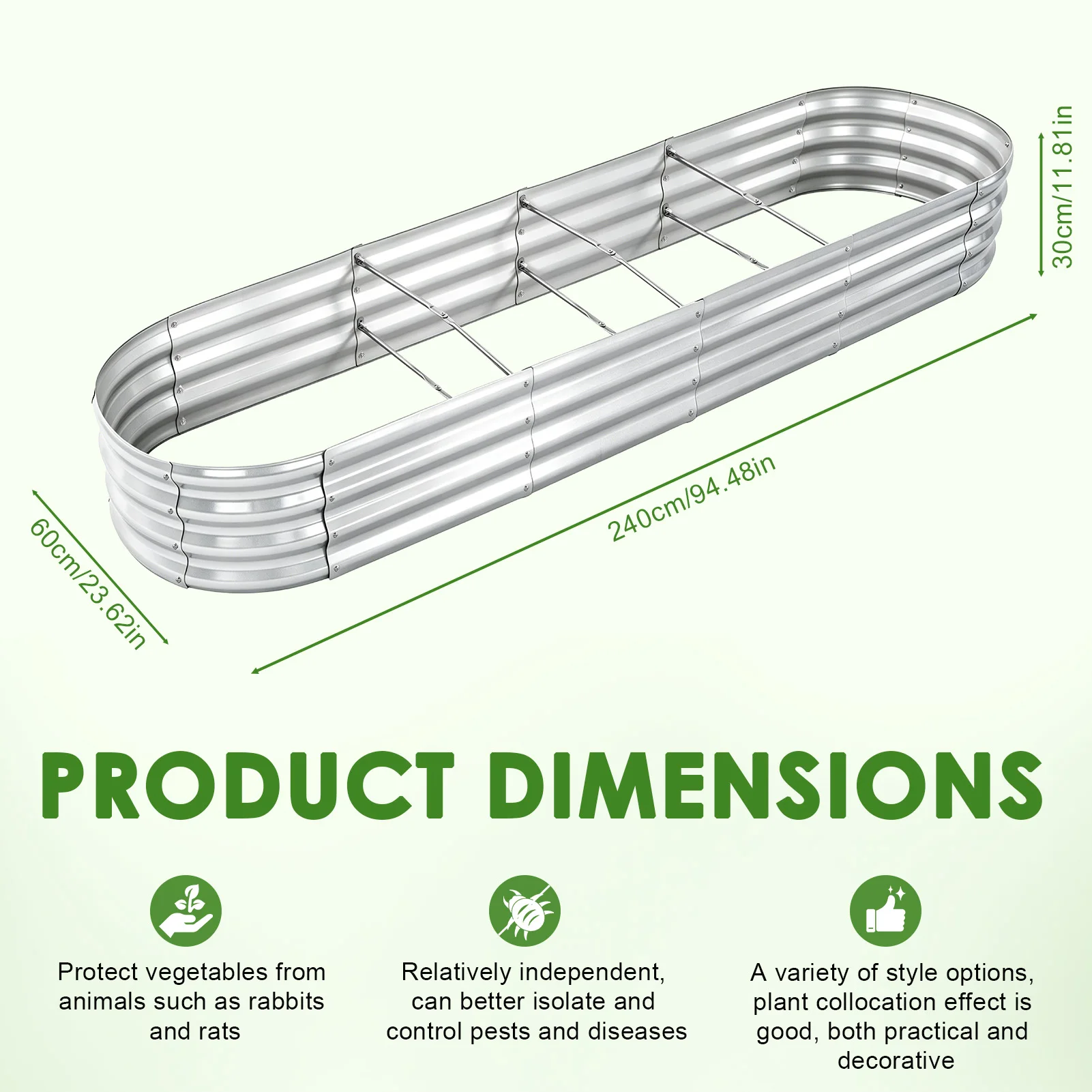 Galvanized Raised Garden Bed Outdoor, Large Raised Bed for Gardening, 8x2x1FT Metal Planter Box for Vegetables, Fruits, Flowers, Easy Assembly with Wing Nuts & Safe Rolled Design Silver/Light Green