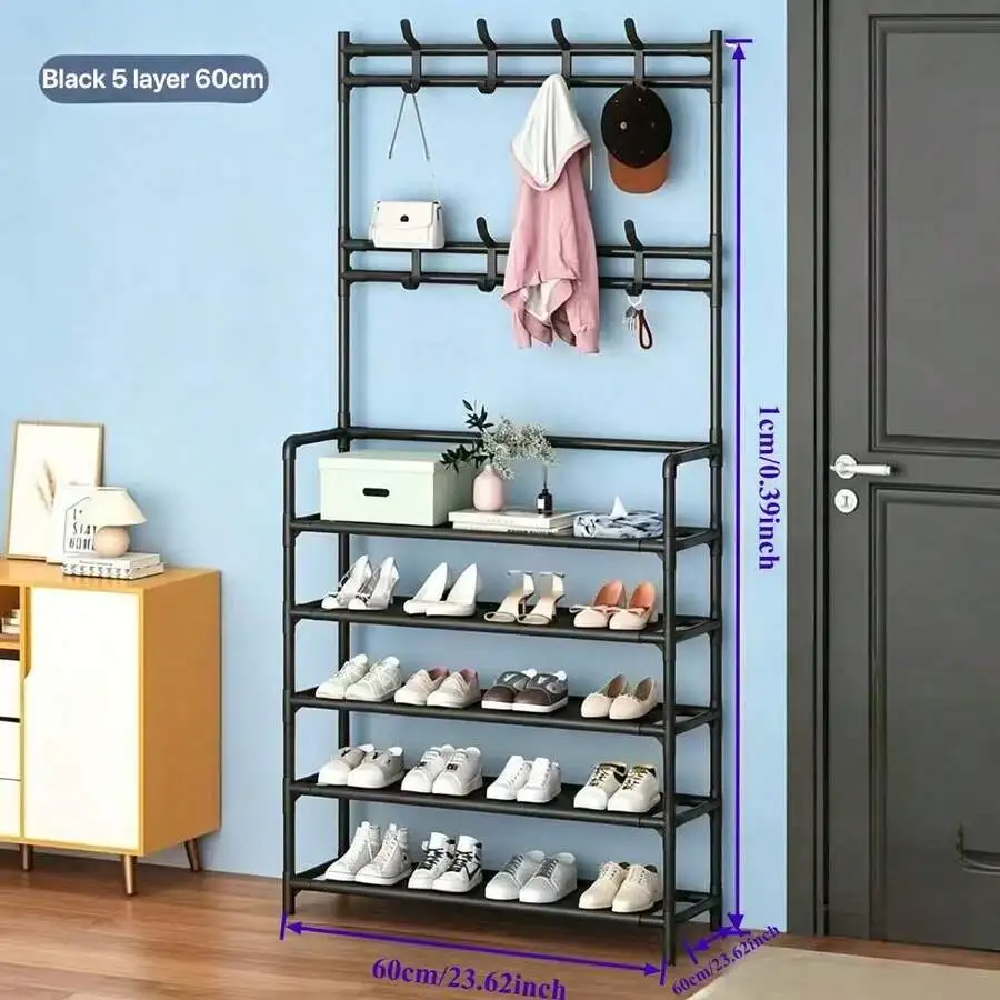 5-Tier Shoe Rack & Clothes Rack Combination (With Hooks) - Space-Saving Storage Rack For Entryways - Black - A Must-Have For Org