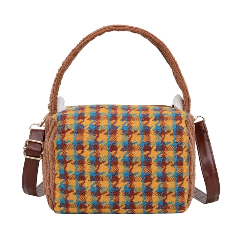 Bolsa ombro feminina estilo coreano com alça crossbody vintage lã houndstooth padrão bolsa pequena para compras