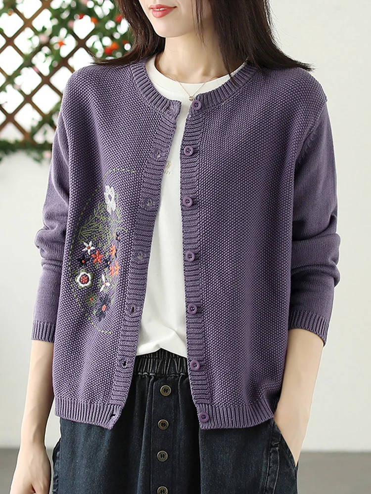 2024 New Autumn Floral Embroidery Women Thin Cardigans O-Neck Long Sleeve Slim Fit Sweaters Office Lady Short Knitwear Coat