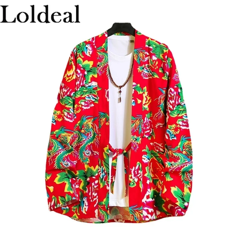 Men's Printed Cotton and Linen Casual Cardigan Shirts