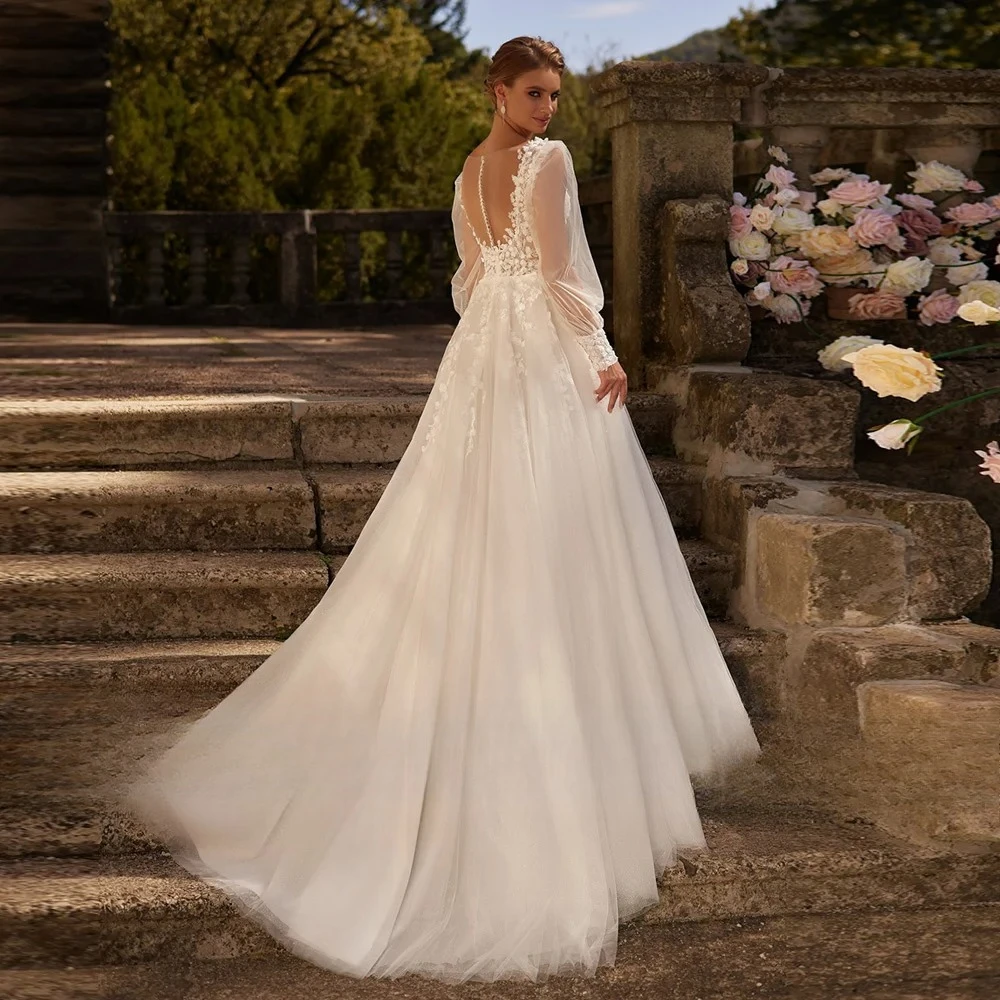 Boho A-line  Wedding Dresses Long Puff Sleeves V Neck Applique Sweep Train Illusion Back Bridal Gown Vintage vestido de novia