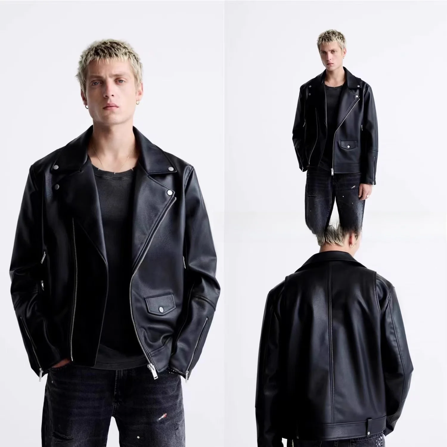 

Кожаная куртка-бомбер из ПУ для мужчин, повседневная верхняя одежда, осенняя новинка, стильный дизайн с молнией, классический молодежный тренд, длинный рукав