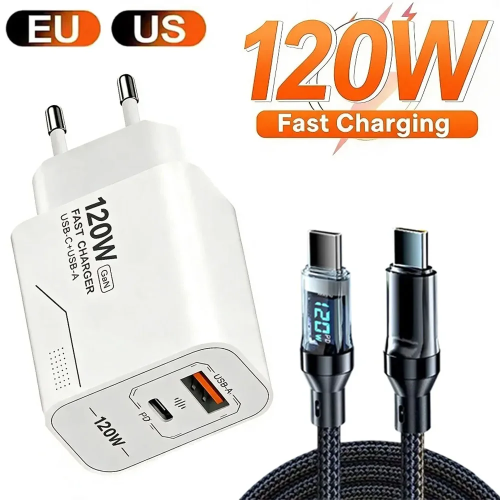 120W 2-Port GaN Type C Charger USB-C Fast Charging Wall Adapter US/EU Plug Phone Charger Compatible with iPhone Samsung Xiaomi