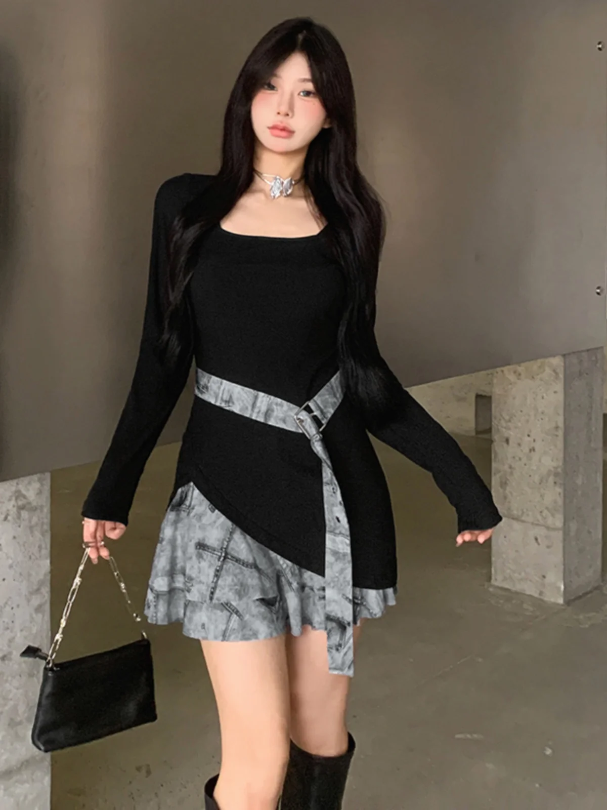 Dress Women's Pullover Long Sleeve Mid-Length Retro Contrast Color Stitching Square Collar Slim Slim Waist All-Matching Spring