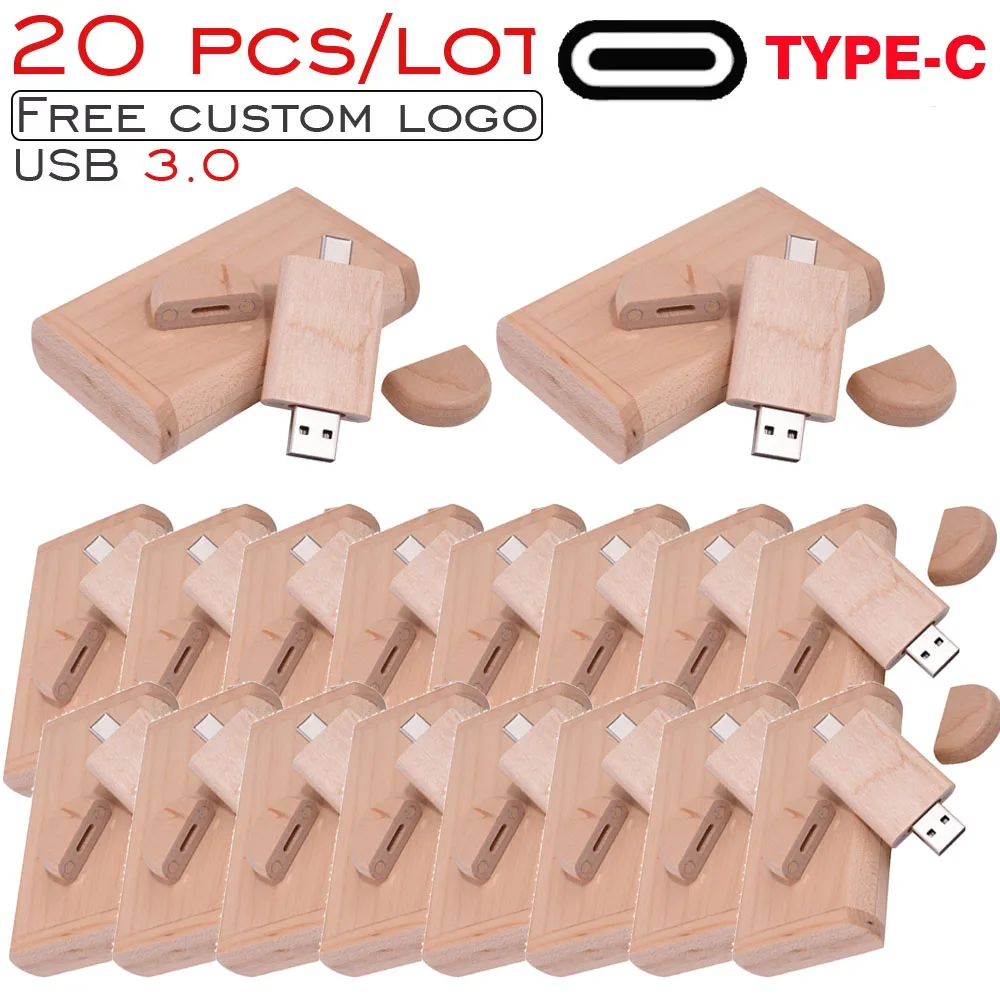 

20 шт./лот деревянные флэш-накопители TYPE-C 2 в 1, USB 3,0, 128 ГБ, ручка для свадебной фотографии, 64 ГБ, бесплатная карта с логотипом, 32 ГБ