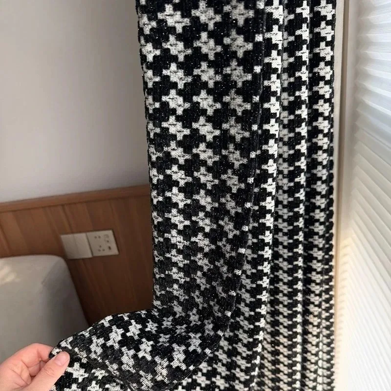 Thousand Bird Grid French Retro Black and White Jacquard Chenille Curtains for Living Room Bedroom French Window Customized