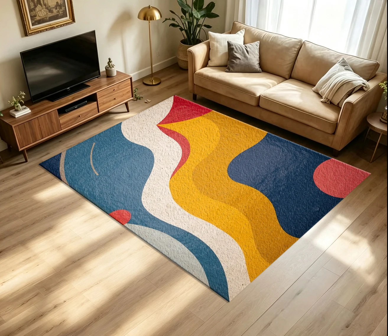 Vintage Curved Wave Color Block Abstract Carpet Flooring Retro Art Floor Rug