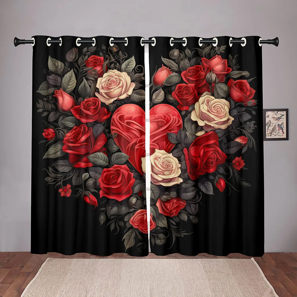 2 Pcs Heart Rose Curtains LED String Light Decor Romantic Valentine's Theme Living Room Bedroom Window Sun Shade Curtains