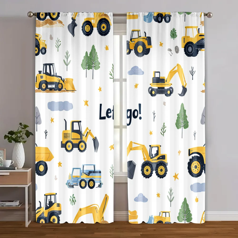 2pcs Cartoon Construction Vehicle Print Curtains Excavator and Truck Pattern with Let's go! Slogan for Kids Room Bedroom Decor