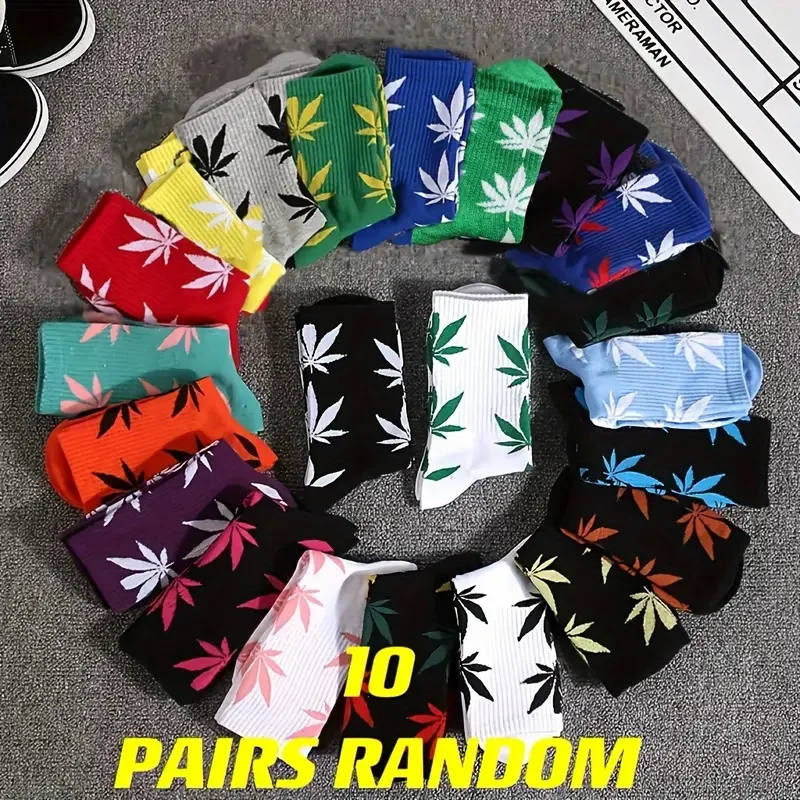 

10 Pairs of Random Color Maple Leaf Graffiti Trendy Minimalist Sports Men's Socks Outdoor Sports Street Skateboarding Socks