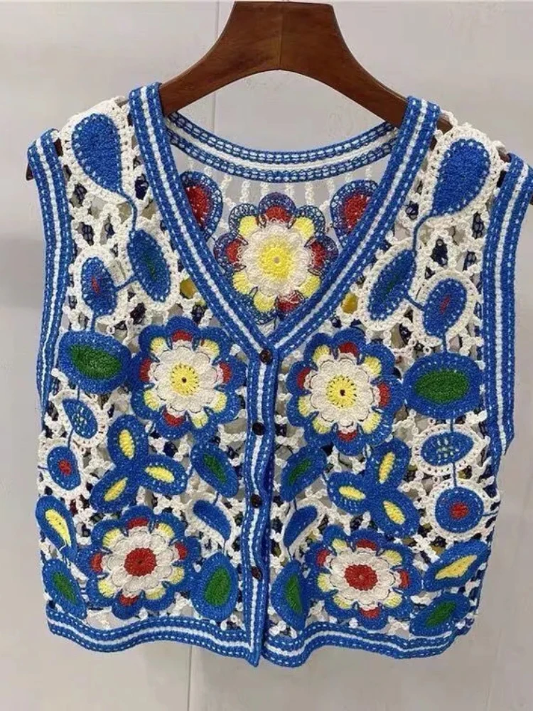 

Hollow Out Embroidery Vest Women Spring Summer V Neck Sleeveless Cardigan Crop Top Vintage Overlap All Match Waistcoat