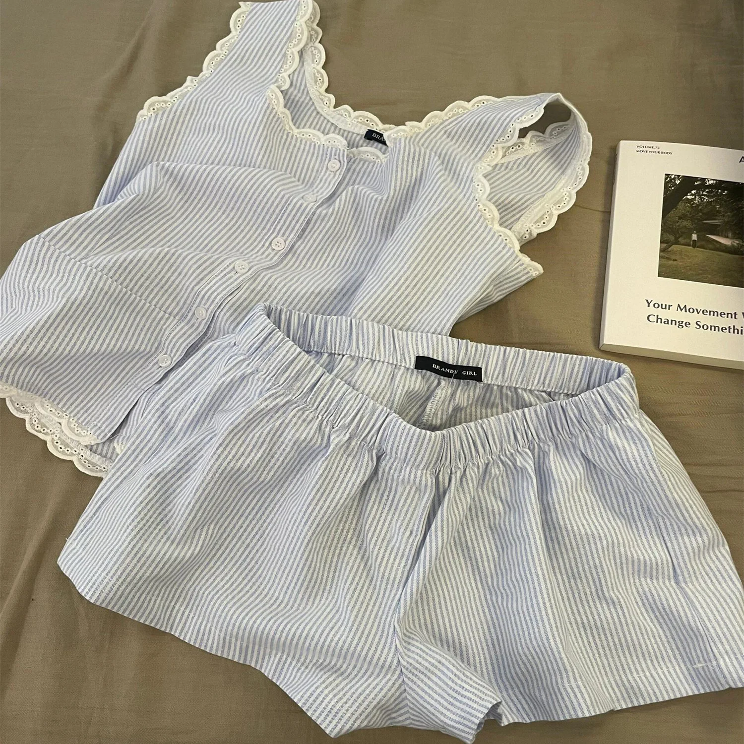 Striped Women Pajamas Summer Sleepwear Sleeveless Shorts Sets 2 Pieces Lace Night Wears Tank Korean Sleeping Home Suit New