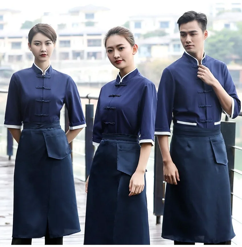 Ristorante cinese Chef Uniforme Cameriere Vestiti Tradizionale Tang Suit Cuoco Camicia a mezza manica Grembiule unisex Donna Uomo Tinta unita