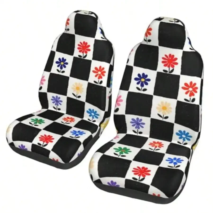 

Black White Checkered Floral Car Seat Covers Set Of 2 Non-Slip Universal Front Seat Protectors Vintage Interior Decor