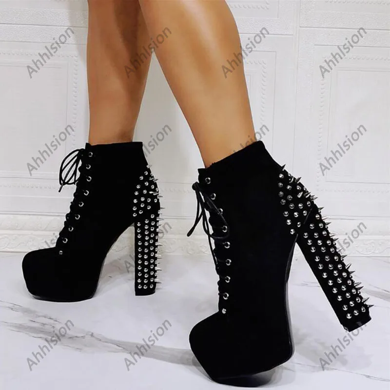 Ahhlsion Women Winter Ankle Boots Studded Platform Chuny Heels Round Toe Pretty Black Cosplay Shoes Ladies US Plus Size 5-20