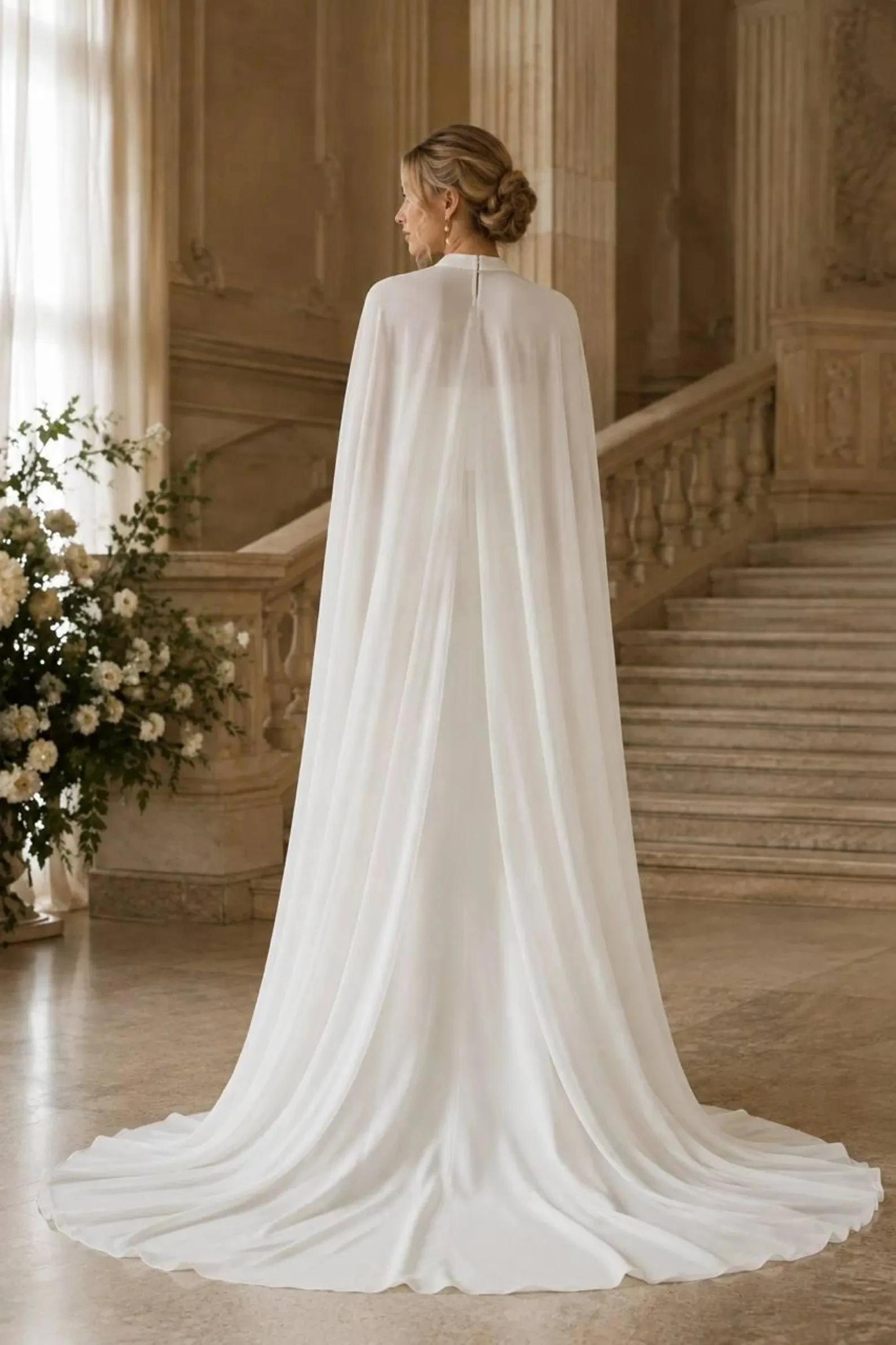 Customized Chiffon Wedding Cape Cathedral Shawl with Train Bridal Long Shoulder Cloak Accessory Wedding Cover