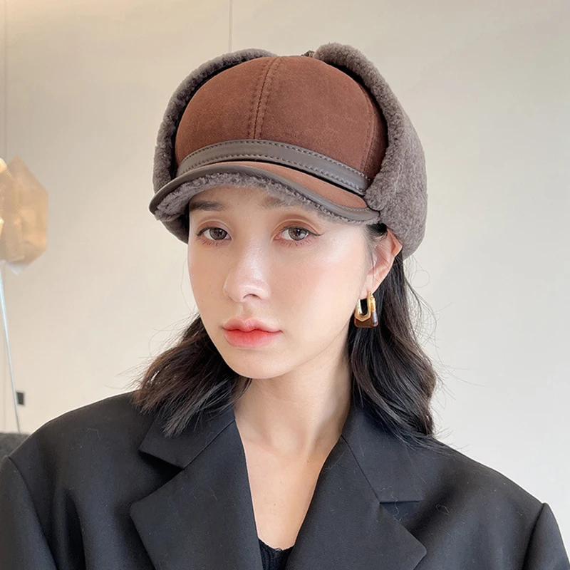 New High Quality 2024 Winter Leather Hat Lady Fur Lambswool Warm Thick Ear Flaps Bomber Hats Women\'s Baseball Cap Russian caps